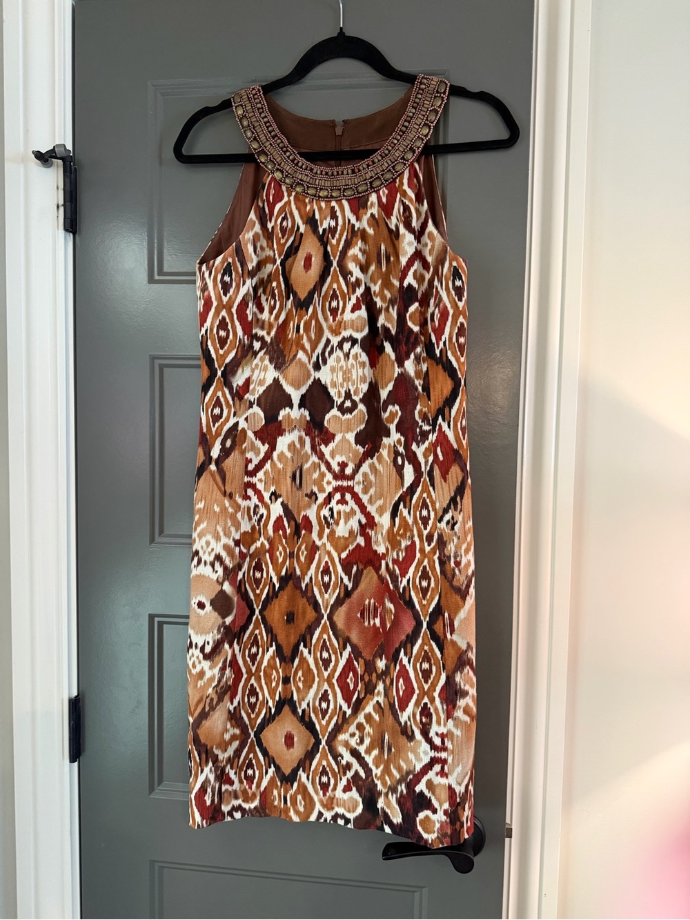 Jessica Howard Brown, Tan and Cream Ikat Beaded Neckline Dress